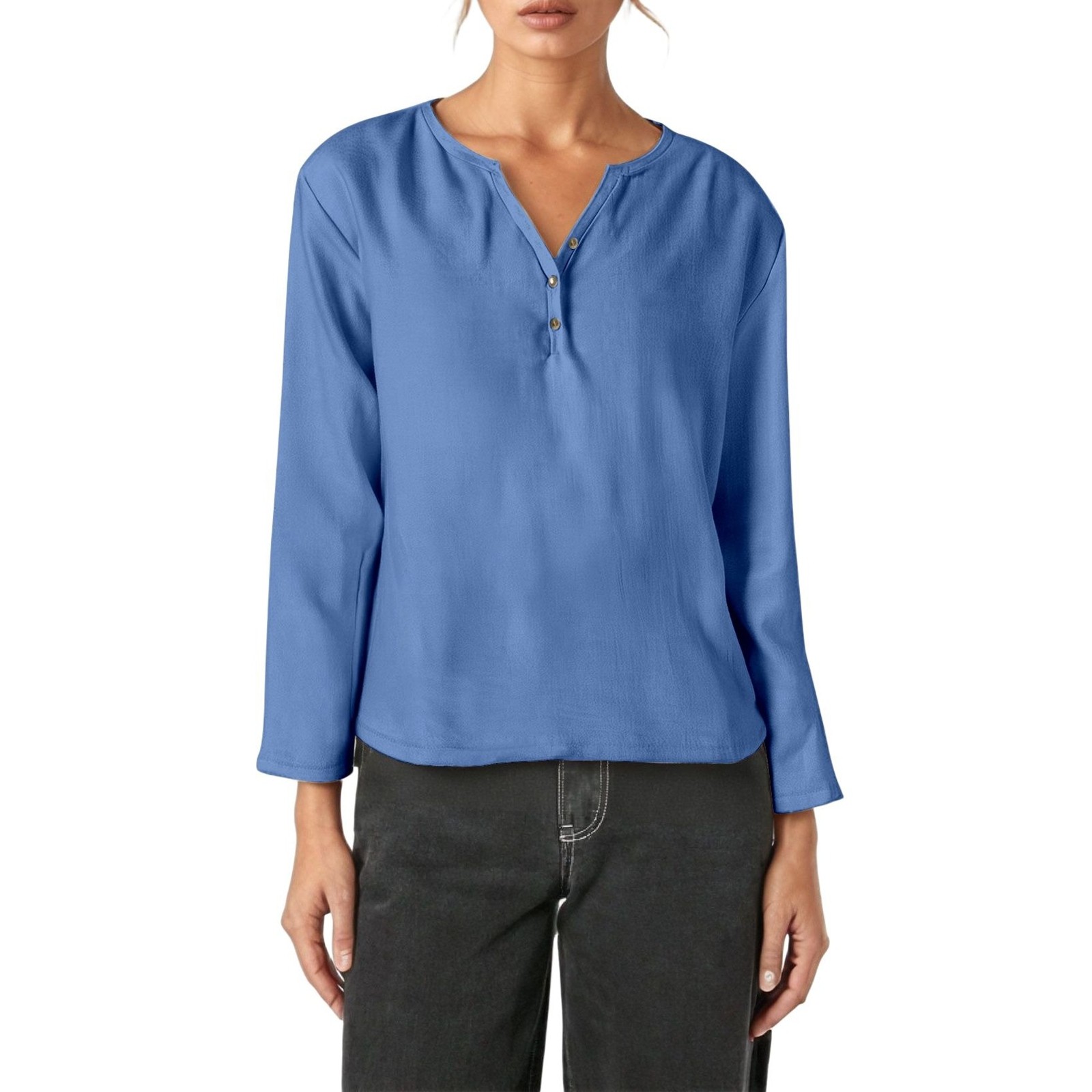 Camiseta informal de manga larga y cuello en V - Elegante cuello en V, color versátil, tejido cómodo